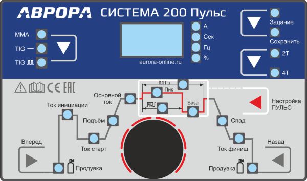Панель управления профессионального инверторного аппарата аргонодуговой сварки АВРОРА Система 200 ПУЛЬС